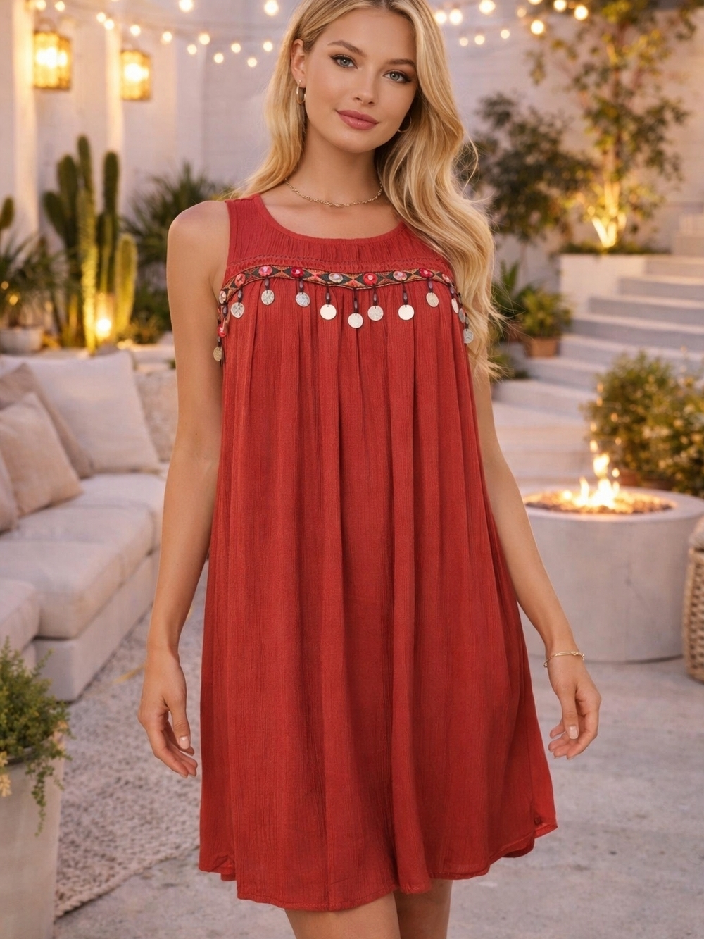 New 🆕 Burnt orange Sleeveless Boho Shift Dress with Natural Shell 🐚 Trim